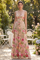 Blush Floral Embroidered A Line Maxi Wedding Guest Dress