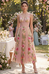 A Line Corset Blush Floral Embroidered Midi Wedding Guest Dress