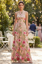 Floral Halter Blush Embroidered Maxi Wedding Guest Dress