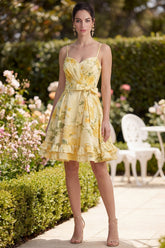 A Line Printed Yellow Ruched Ruffled Wedding Guest Dress with Bow