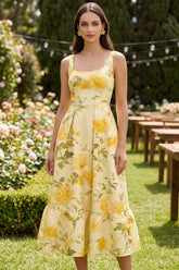 A Line Printed Yellow Midi Wedding Guest Dress