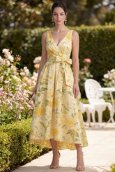 A Line Printed Yellow Bowed V Neck Wedding Guest Dress