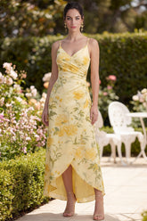 Printed A Line Yellow High Low Ruched Wedding Guest Dress