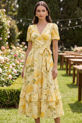 Yellow Printed A Line Bowed Wedding Guest Dress with Ruffles