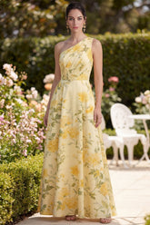 One Shoulder Yellow Printed Ruched A Line Wedding Guest Dress