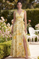 Yellow A Line Printed Bowed Wedding Guest Dress with Slit