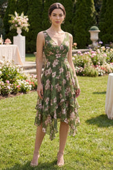 Dark Green A Line Printed Ruffled Wedding Guest Dress