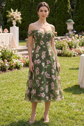 Dark Green Off the Shoulder A Line Printed Wedding Guest Dress