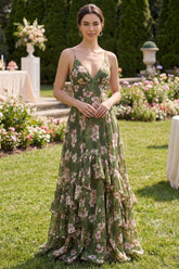 Dark Green A Line Printed Maxi Wedding Guest Dress with Ruffles