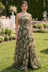 One Shoulder Dark Green A Line Printed Wedding Guest Dress with Slit
