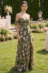 Off the Shoulder Dark Green Ruched A Line Floral Wedding Guest Dress