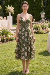 Dark Green A Line Printed Ruffled Wedding Guest Dress