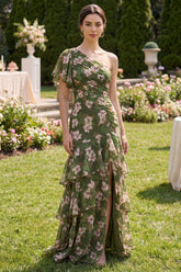 Dark Green One Shoulder Ruffled Floral Maxi Wedding Guest Dress
