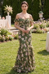 Mermaid Dark Green Off the Shoulder Ruffled Floral Wedding Guest Dress