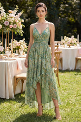 High Low Pleated Dusty Green Printed A Line Wedding Guest Dress