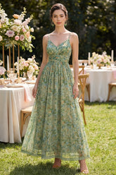 Pleated Dusty Green Printed A Line Maxi Wedding Guest Dress