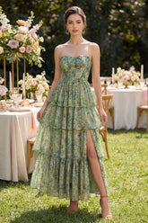 Tiered Strapless Pleated Dusty Green Printed Wedding Guest Dress