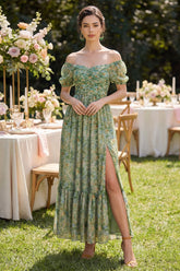 Off the Shoulder Ruched Dusty Green A Line Wedding Guest Dress