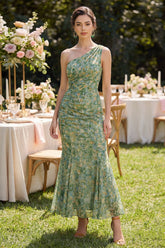 One Shoulder Ruched Mermaid Dusty Green Wedding Guest Dress