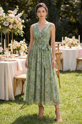 Pleated A Line Dusty Green V Neck Wedding Guest Dress with Bow