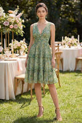 Pleated A Line Dusty Green Ruffled Wedding Guest Dress