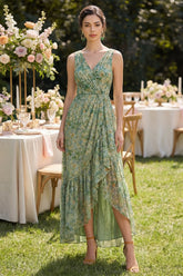 High Low Ruched A Line Dusty Green Wedding Guest Dress with Ruffles