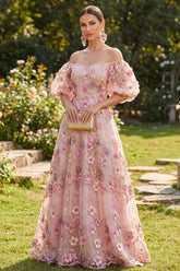 Off the Shoulder A Line Floral Pink Maxi Wedding Guest Dress