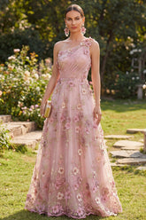 One Shoulder Ruched A Line Floral Pink Appliqued Wedding Guest Dress