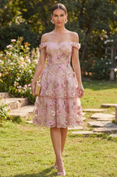 Off the Shoulder Pink A Line Floral Tiered Appliqued Wedding Guest Dress