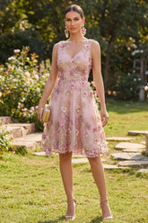 Floral Pink A Line Appliqued V Neck Midi Wedding Guest Dress