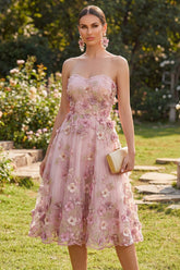 Strapless A Line Floral Pink Appliqued Wedding Guest Dress
