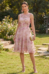 Pink Floral A Line Sleeveless Appliqued Midi Wedding Guest Dress