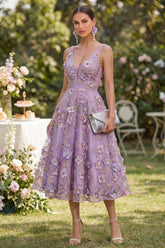 Floral A Line Lilac Sleeveless Appliqued Midi Wedding Guest Dress