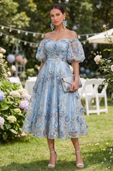 Off the Shoulder Floral A Line Blue Ruched Wedding Guest Dress
