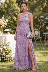 One Shoulder Floral A Line Lilac Appliqued Wedding Guest Dress