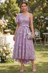 One Shoulder Floral Appliqued A Line Lilac Bowed Wedding Guest Dress