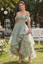 Off the Shoulder Corset Dusty Green Floral A Line Wedding Guest Dress
