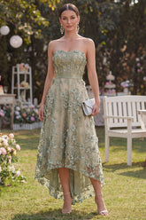 High Low Strapless Corset Dusty Green Floral A Line Wedding Guest Dress