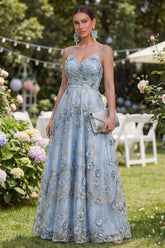 Blue Floral A Line Ruched Appliqued Maxi Wedding Guest Dress