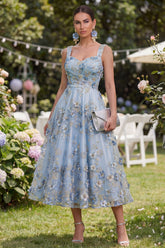 Floral Blue Appliqued A Line Ruched Midi Wedding Guest Dress