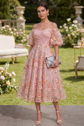 Off the Shoulder Floral Pink Appliqued A Line Wedding Guest Dress