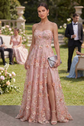 Strapless Floral Pink Appliqued A Line Maxi Wedding Guest Dress