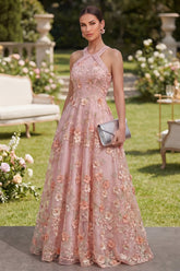 Halter Cut Out Floral Pink Appliqued A Line Wedding Guest Dress