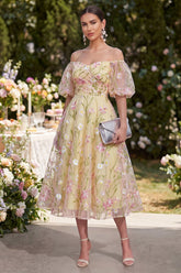 Off the Shoulder A Line Floral Light Yellow Wedding Guest Dress