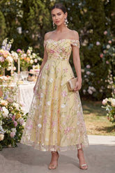 Light Yellow Floral Off the Shoulder A Line Ruched Wedding Guest Dress