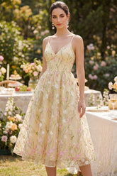 Floral Light Yellow Embroidered A Line Corset Wedding Guest Dress