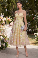Light Yellow Corset Embroidered A Line Floral Midi Wedding Guest Dress