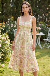 Embroidered Light Yellow A Line Floral Midi Wedding Guest Dress