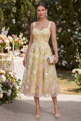 Floral A Line Light Yellow Spaghetti Straps Midi Wedding Guest Dress