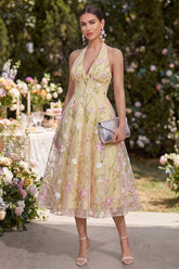 Halter A Line Light Yellow Floral Backless Midi Wedding Guest Dress